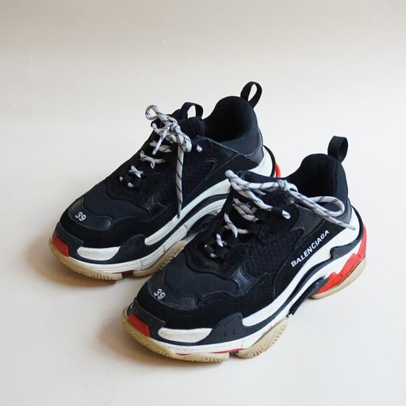 Balenciaga Black Leather and Mesh Triple S Sneakers Size 39  Balenciaga Triple S Mesh/ Leather Black Red White Trainers - Size EU 39